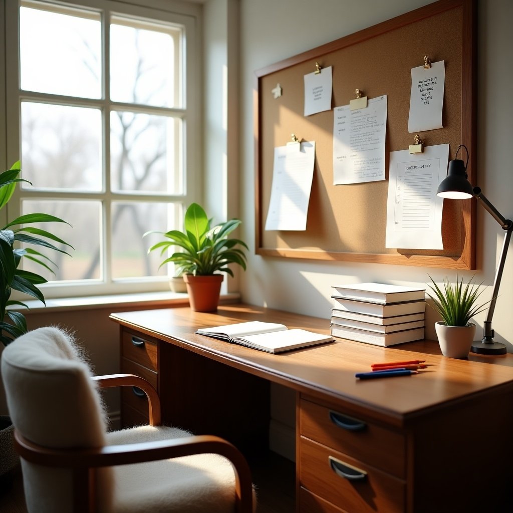 A study space featuring a wooden desk with books and a notebook. There are indoor plants and a lamp on the desk. Large window allows natural light to fill the room. A bulletin board displays papers. An inviting atmosphere for studying.