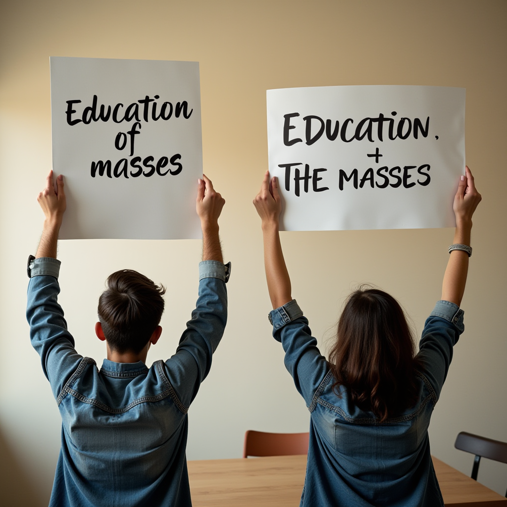 Two people holding signs advocating for education, with phrases highlighting education for the masses in a modern setting.