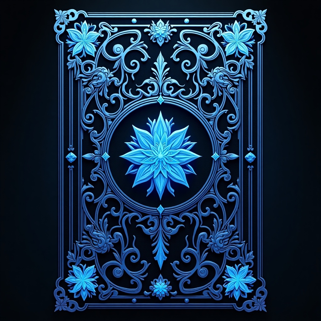 Cover design for a grimoire inspired by Black Clover. Centered around blue magic. Features various shades of blue. Elaborate and ornate decorations throughout the design.