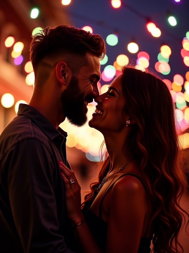 Capture a romantic scene with a couple about to kiss. Surround them with vibrant string lights at night. Create a warm and dreamy atmosphere. Silhouette the couple against the lights to emphasize their closeness. The male features a stylish haircut and beard. The female displays long flowing hair and both exude happiness. The background is softly blurred for intimacy.