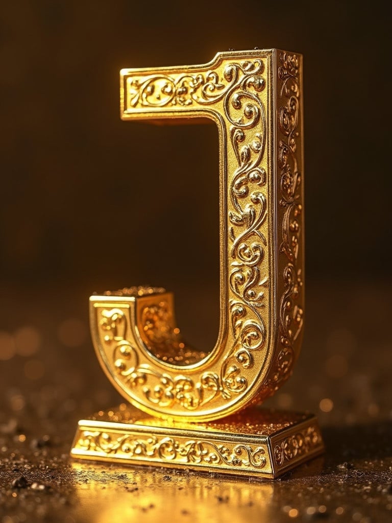 3D golden letter 'J' with ornate design. Sparkling background gives a luxurious effect. Focus on intricate details of the letter. Letter stands on a flat surface.