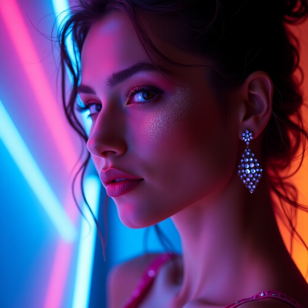 Close-up side profile of a young woman. Warm lighting shines on her face. Skin appears fresh and natural. Glowing complexion enhances her beauty. Soft natural light highlights facial features. Illuminated by vibrant neon lights. Colors include blue, pink, purple. Subject wears elaborate earrings. Makeup is bold with glitter. Background is softly out of focus.