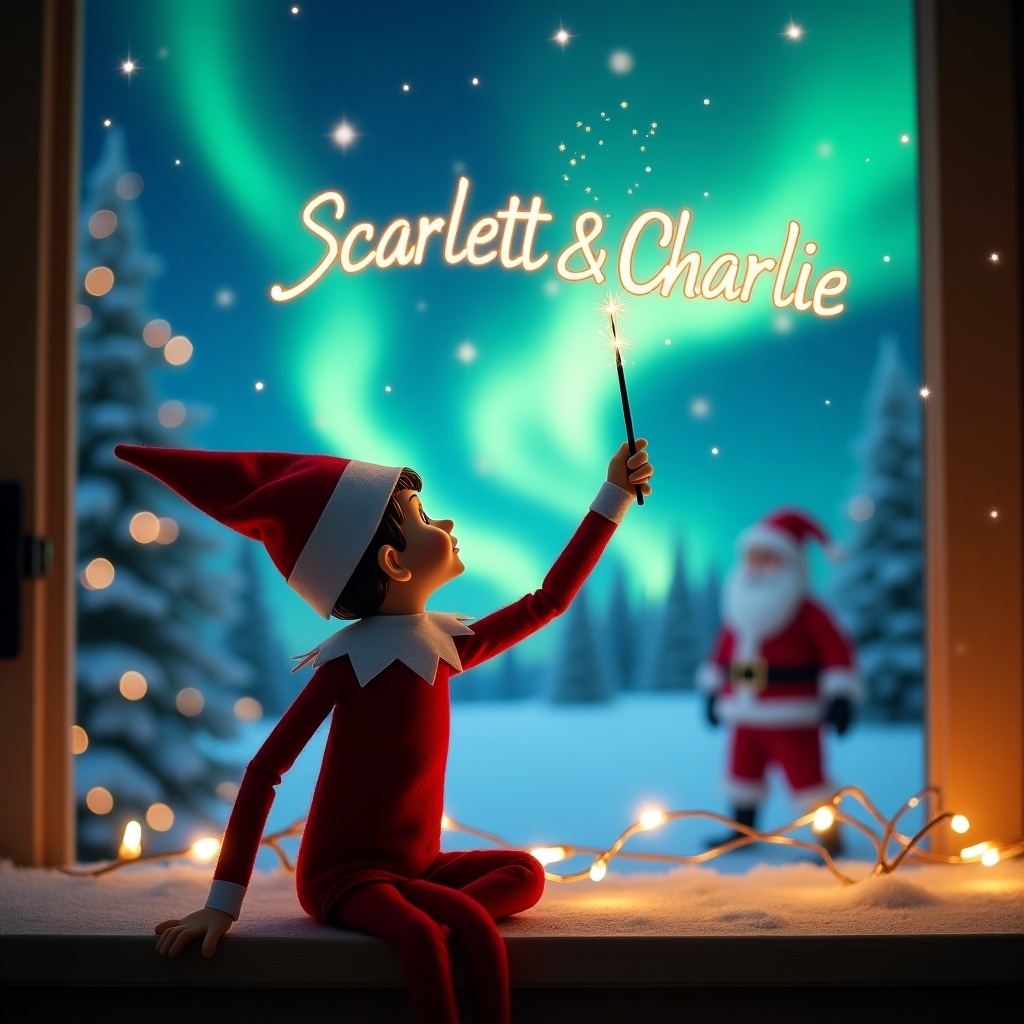 A charming image features an Elf on the Shelf character with its back to us, gazing up at a spectacular sky. This sky is illuminated with northern lights in vivid colors. The elf is using a whimsical wand to write 'Scarlett & Charlie' in glowing letters against the enchanting backdrop. In the background, Santa Claus can be spotted, enhancing the magical Christmas atmosphere. Delicate fairy lights and a snowy window frame surround the scene, making it feel festive and cozy.