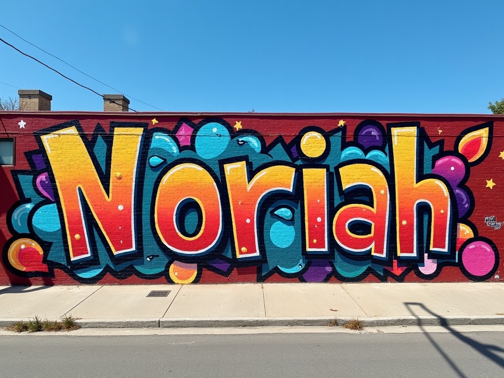 This image features a vibrant mural on a brick wall displaying the name 'Noriah'. The lettering is bold and colorful, capturing attention with shades of red, blue, yellow, purple, and pink. Surrounding the name are playful bubbles and stars, enhancing the joyful feel of the artwork. The setting is well-lit by bright sunlight, making the colors pop even more. This artwork represents community spirit and artistic expression, making it a significant landmark in the area.