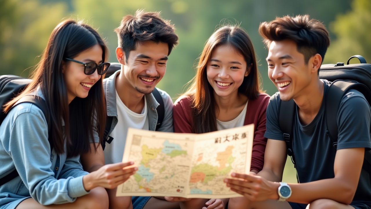 A group of four friends sitting outdoors, examining a map together, with backpacks and a natural forest background, smiling and enjoying their travel adventure.