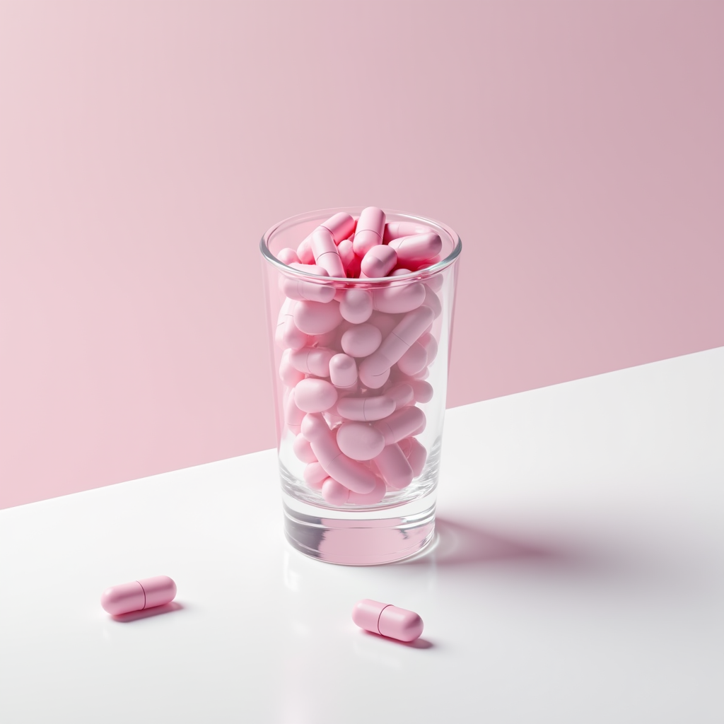 A clear glass filled to the brim with pink capsules, set against a soft pink background on a white surface.