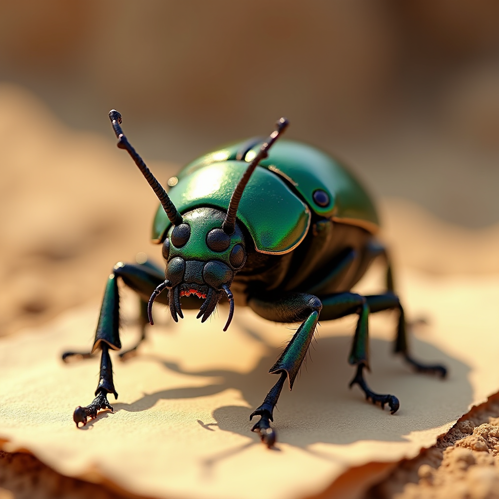 A close-up of a metallic green beetle sitting on a light surface in a sunlit, sandy environment.