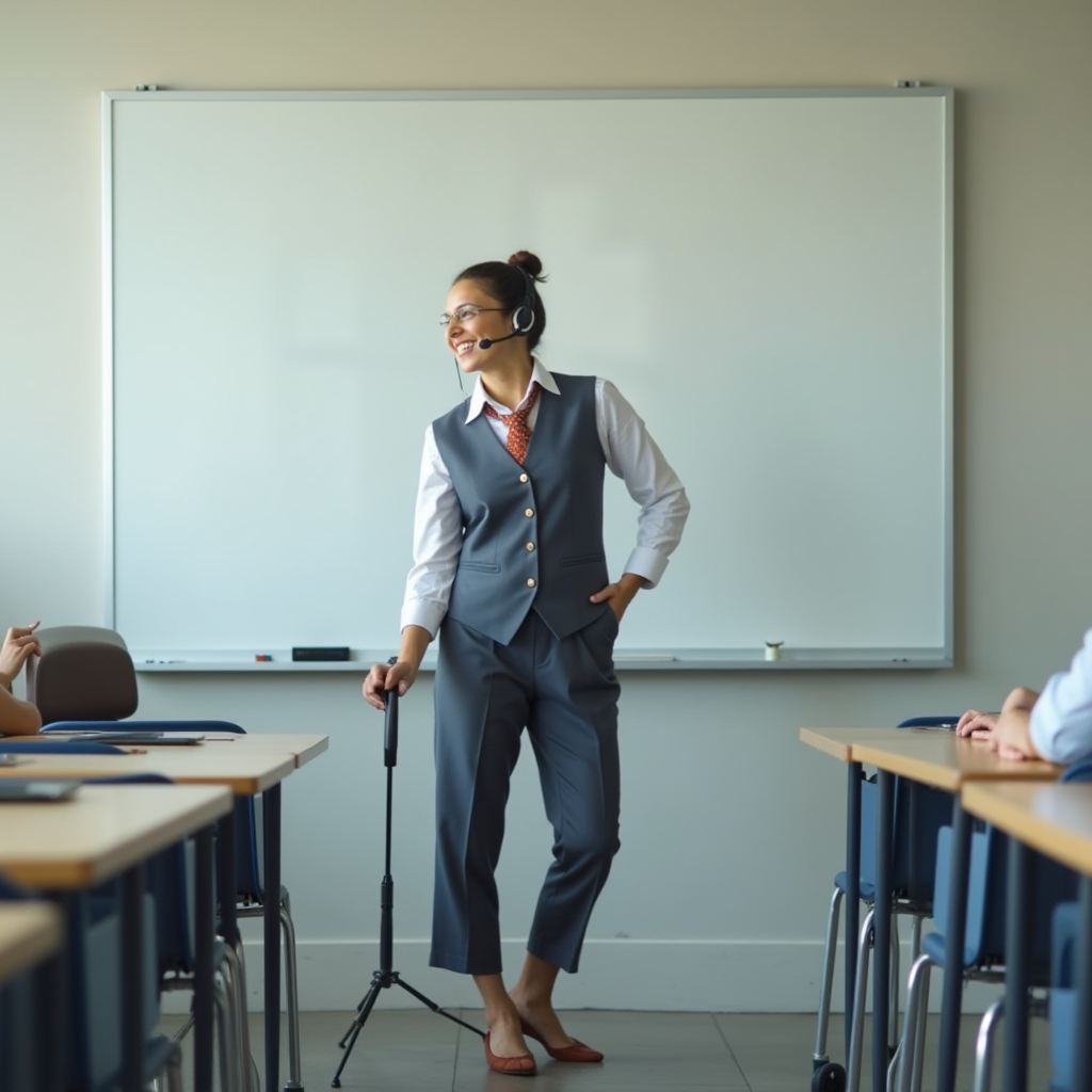 A person in a formal suit conducting a class with enthusiasm, using a headset microphone.