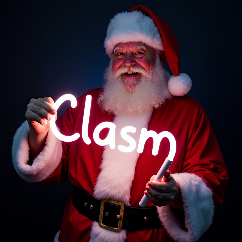 This image features Santa Claus wearing his traditional red and white suit. He is holding a glow stick that forms the name 'Clasm' in bright light. Santa's expression is jolly, exuding warmth and holiday cheer. The background is dark, enhancing the glow of the text. This festive scene captures the magic of Christmas and the joy of the season.