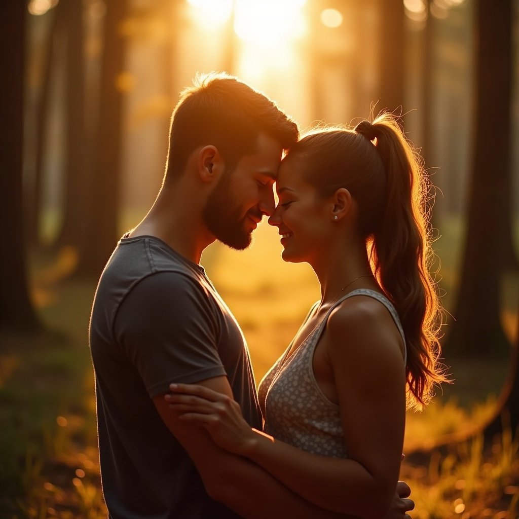 A couple lovingly embraces in a sun-drenched forest. They are standing forehead to forehead, eyes closed, encapsulating a moment of tender connection. The warm golden light casts a romantic glow on their faces. Surrounding them is a serene, blurred background of tall trees, enhancing the intimate atmosphere. This image evokes feelings of love and serenity, perfect for conveying romance in nature.