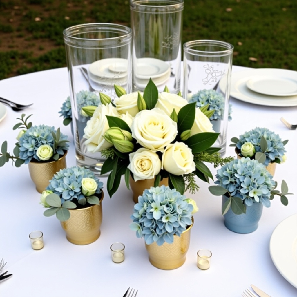 Wedding centerpiece features three hurricane glasses in graduated heights clustered together. Surrounded by four intimate floral arrangements in gold and blue vases. Includes ivory roses, anemones, dusty blue hydrangea, and eucalyptus. Gold votives on white tablecloth.