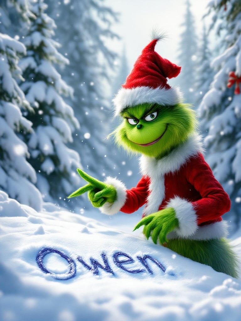 Grinch wearing red Santa suit writes name Owen in fresh snow. Snow falls gently. Scene surrounded by tall, snow-covered trees. Grinch sports cheerful expression. Captures holiday charm and magic.