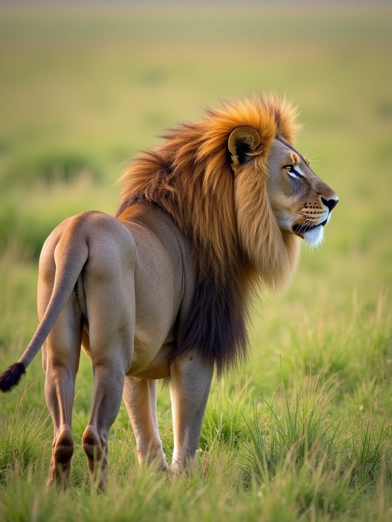 Lion standing in the Serengeti plains. The lion is facing to the right. The lion has a golden mane and a majestic posture. The background features green grass under soft light.