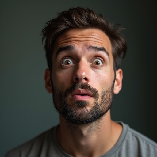 A man looks at the camera with an excited amazed expression displaying positivity and engagement.