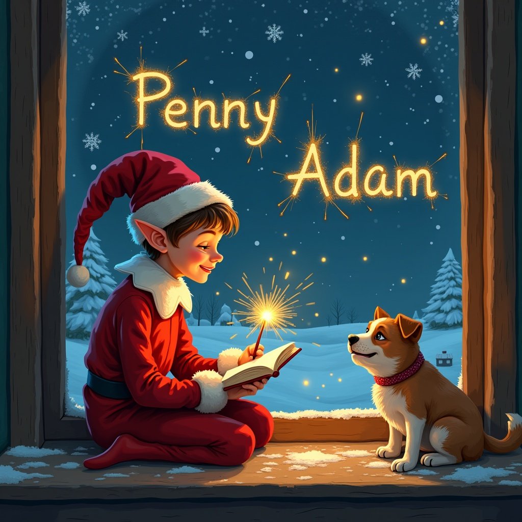 An elf in a bright red outfit sits by a cozy window on a snowy night. He wears a classic pointy hat and is joyfully writing in a book. In one hand, he holds a sparkler, using it like a magic wand. Next to him, a curious small dog watches the sparkler's glow in fascination. Outside the window, a winter wonderland with snow-covered trees can be seen, creating a festive feeling. The elf's face shows joy and focus as he writes names in the sky with the sparkler light, adding a whimsical touch to this enchanting holiday scene.