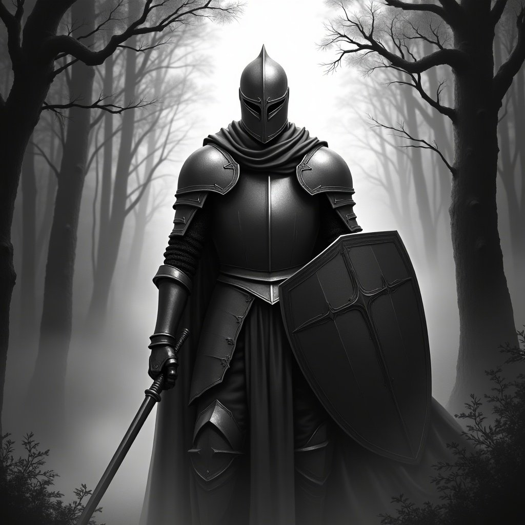 A medieval knight stands in a foggy forest. The knight is dressed in black armor. The scene is illuminated with a soft, ethereal glow. Tall trees surround the knight. The mood is dark yet epic.