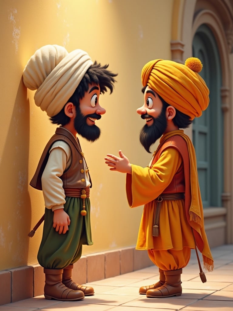 Two children standing against a wall. One wears a green outfit and a white turban. The other wears an orange outfit with a yellow cap. They are talking animatedly.