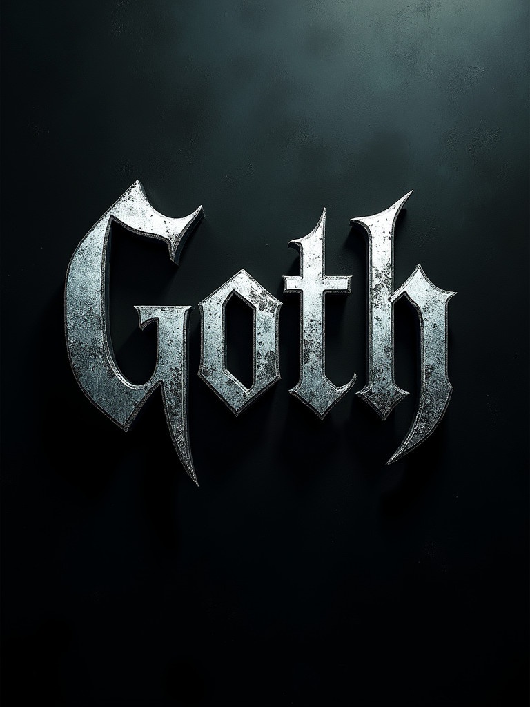 Stylized text reading Goth in metallic finish. Dark moody atmosphere. Slightly illuminated text with shiny effect. Abstract background enhances gothic theme.