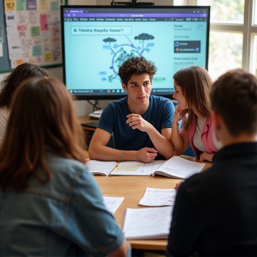 Group of diverse teenage students discussing ethical implications of AI. Digital screens depict examples of algorithmic bias. Notebooks show mind maps connecting technology decisions to societal outcomes. Classroom features posters with questions about benefits and harm. Natural lighting highlights the students' engaged expressions. Photojournalistic style captures an authentic moment of ethical reflection.