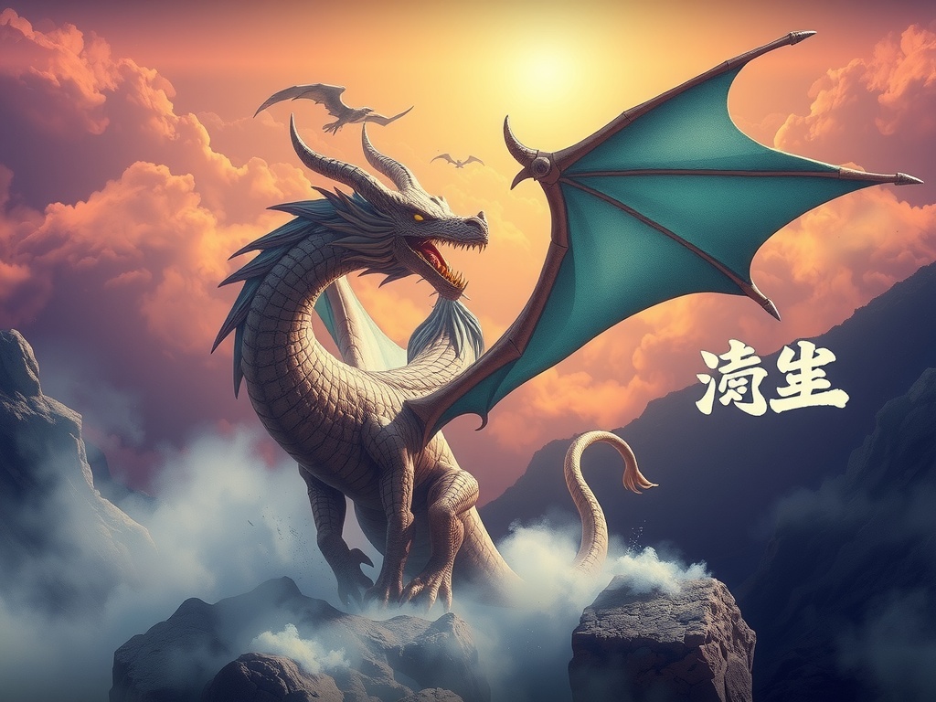 A majestic dragon with vibrant wings perches atop a mountain peak as the sun sets behind swirling clouds.