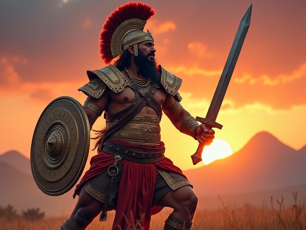 A heroic warrior standing at sunset, showcasing strength and valor.