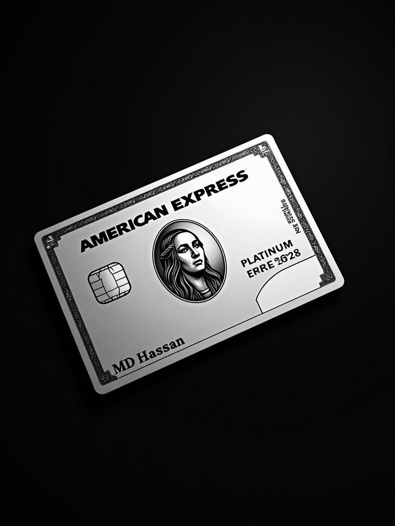 Realistic image of a platinum American Express credit card on a black background. The card prominently displays the American Express logo. Cardholder name MD Hassan appears on the card. Expiry date reads March 2028. The design conveys modern elegance with bold black elements.