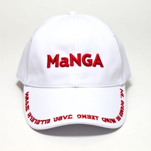 A white baseball cap featuring the word MaNGA prominently in red letters. The visor has the phrase Make Nippon Great Again written in a matching red font. This cap stands out due to its bold color contrast and unique branding.