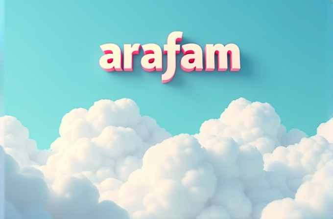 White fluffy clouds float under a blue sky with the word 'arafam' in bold, pink letters.