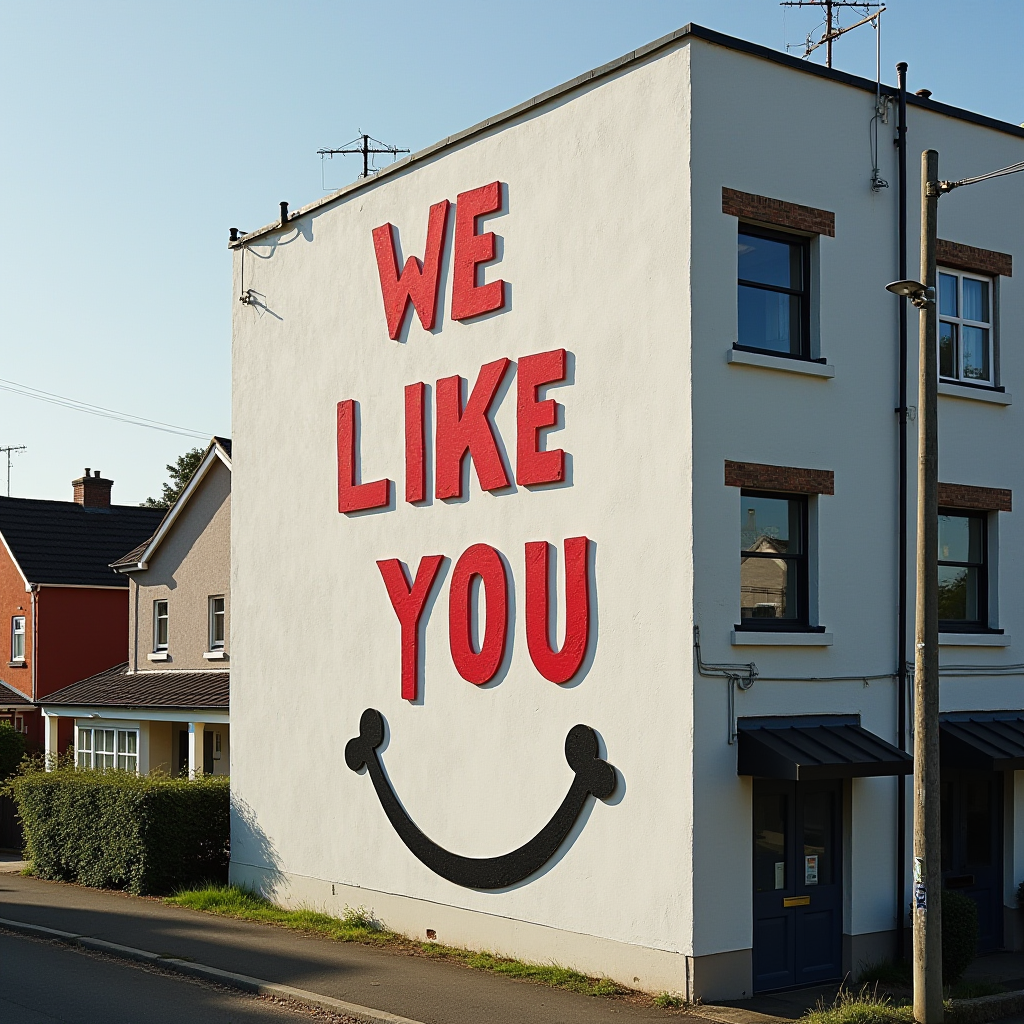 A building wall displays "We Like You" with a smiley face beneath it.