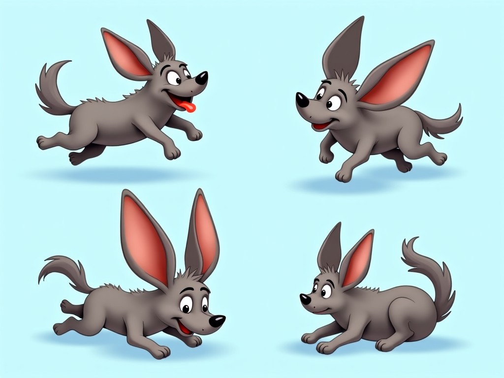 A cartoon illustration of playful dogs with oversized ears in various poses on a light blue background.