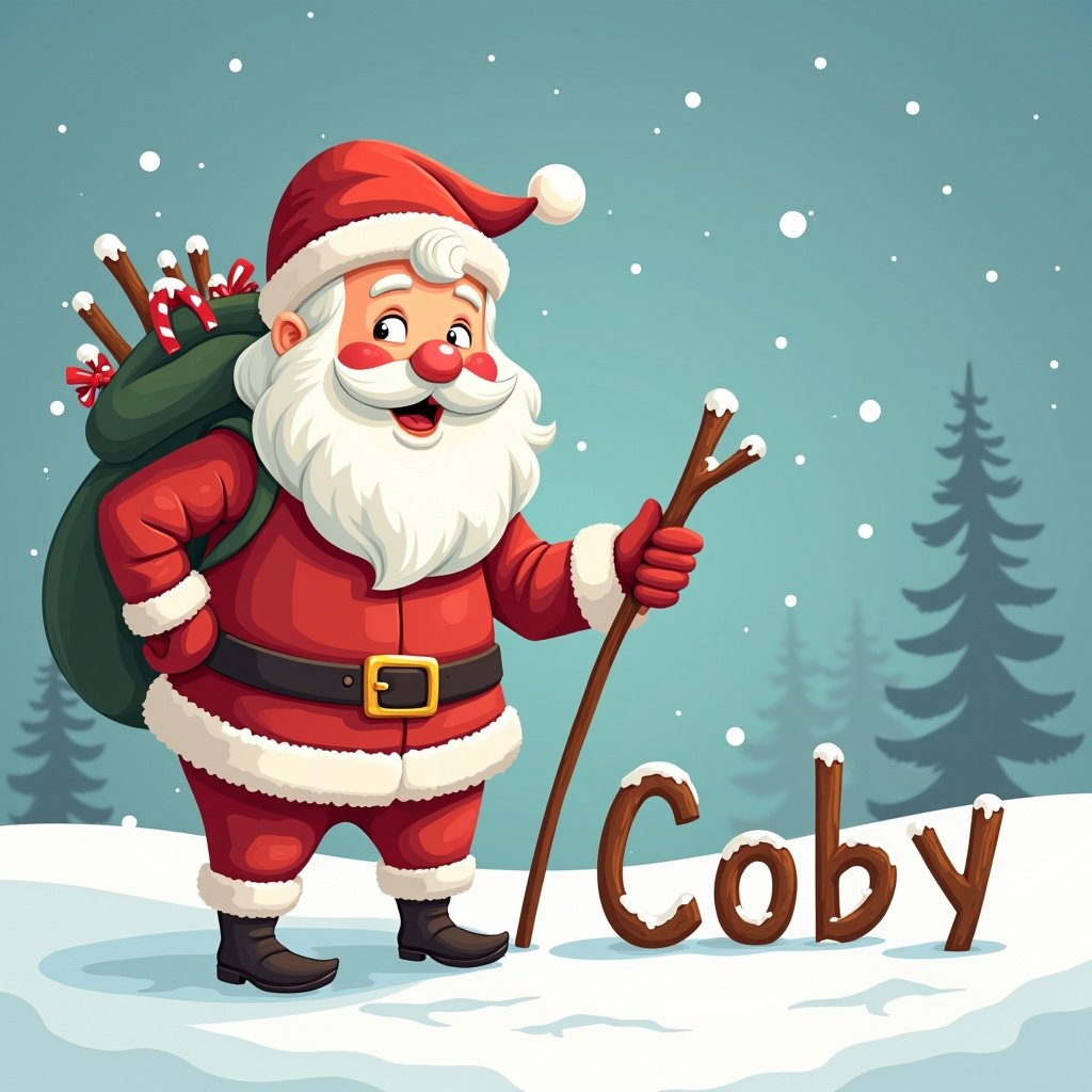 Illustration of a Santa Claus standing in snow with a stick. Background features gentle snowfall. Name 'Coby' spelled with sticks in front. Santa has a cheerful expression. Scene conveys joy and holiday spirit.