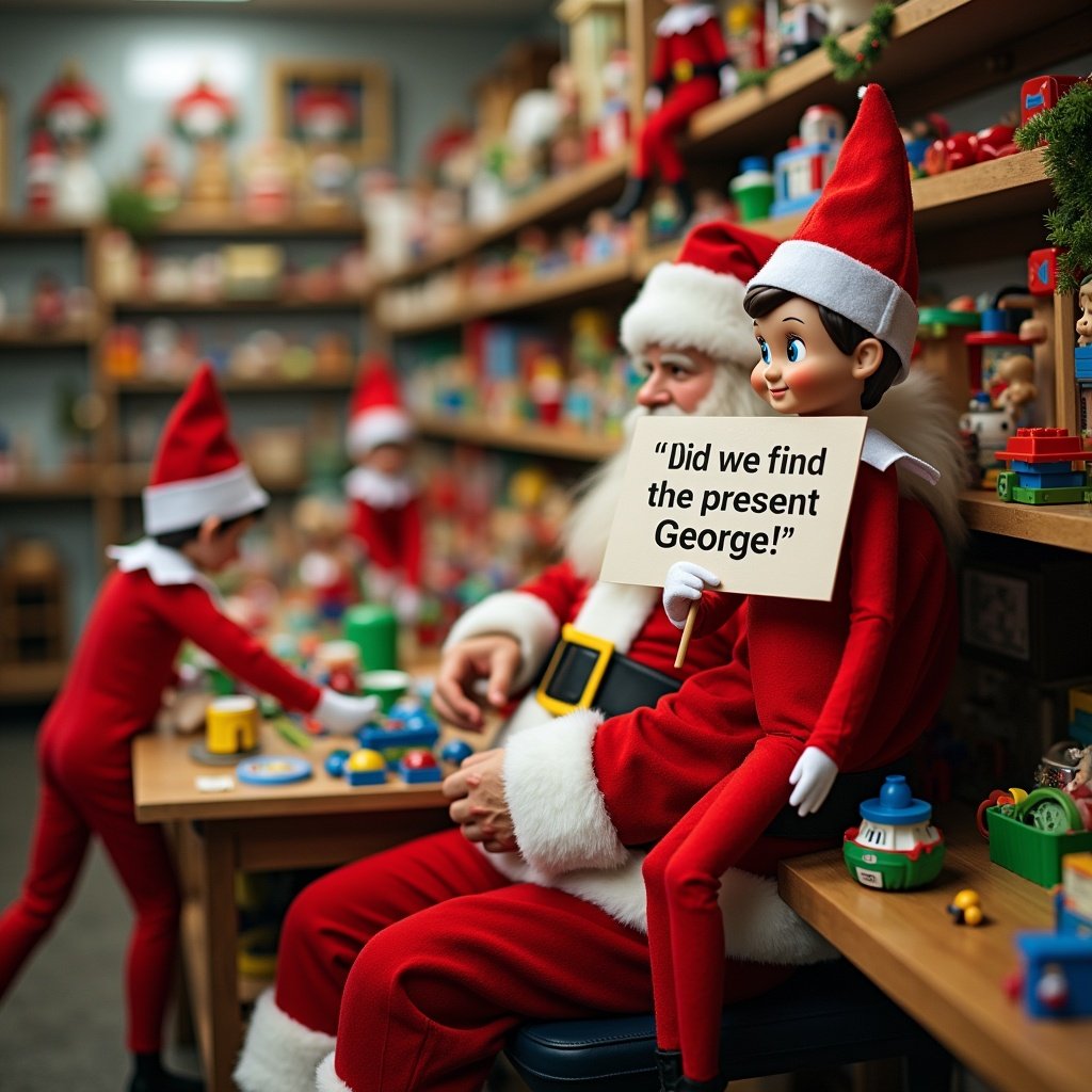 Holiday scene featuring elves in red outfits. One elf holds a sign asking about a present. Background is a busy toy workshop filled with toys. Emphasis on Christmas spirit.