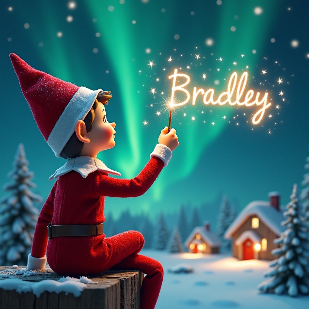 Elf in red outfit sits on wooden ledge. Elf holds sparkling wand. Elf gazes at magical sky. Name 'Bradley' written in stars. Snowy landscape with houses and evergreen trees. Northern Lights shimmer in background. Whimsical scene captures childhood magic.