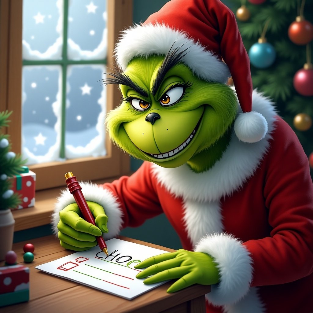 A character in a Santa outfit writing a child's name on a list. The character is green and furry, showing a caring expression. The setting includes Christmas decorations and a warm atmosphere.