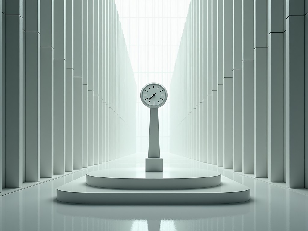 The image showcases a short pedestal without a statue, featuring a clock, set in a corridor lined with numerous windows. The emphasis is on the clock at the center of the composition, set against a backdrop of tall columns. The lighting is bright and ethereal, creating a serene yet corporate atmosphere. The perspective is from a low angle, enhancing the grandeur of the architecture around it. This visual representation echoes themes of time and space, creating a striking balance between simplicity and elegance.