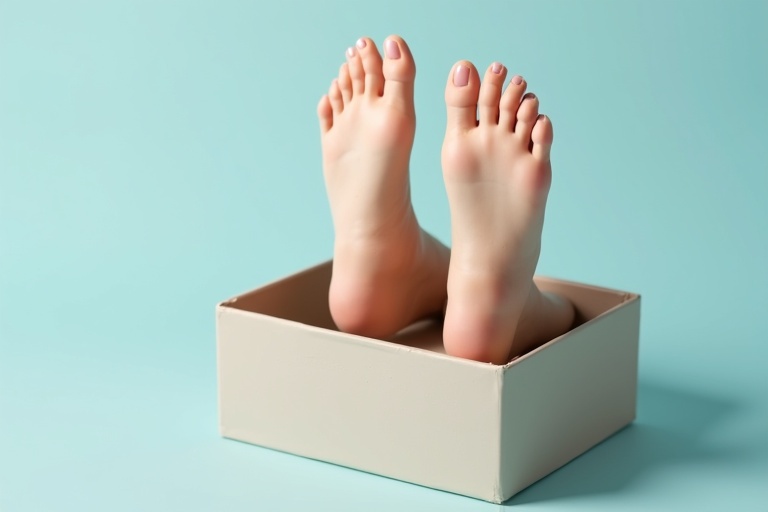 A pair of realistic female feet inside a neatly placed box. The feet are well-groomed. The background is a soft pastel blue.