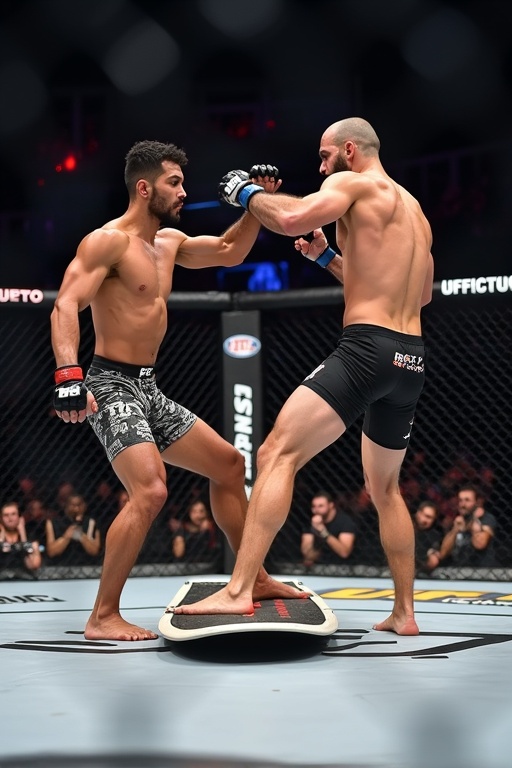 UFC fighters in the octagon. Engaging in a fight. Fighters in Wing Chun combat stance. Intense action. Focus on posture and readiness. Venue is UFC arena. Fighter balancing on a surfboard inside cage. Displaying athleticism and skill. Audience in background shows excitement.