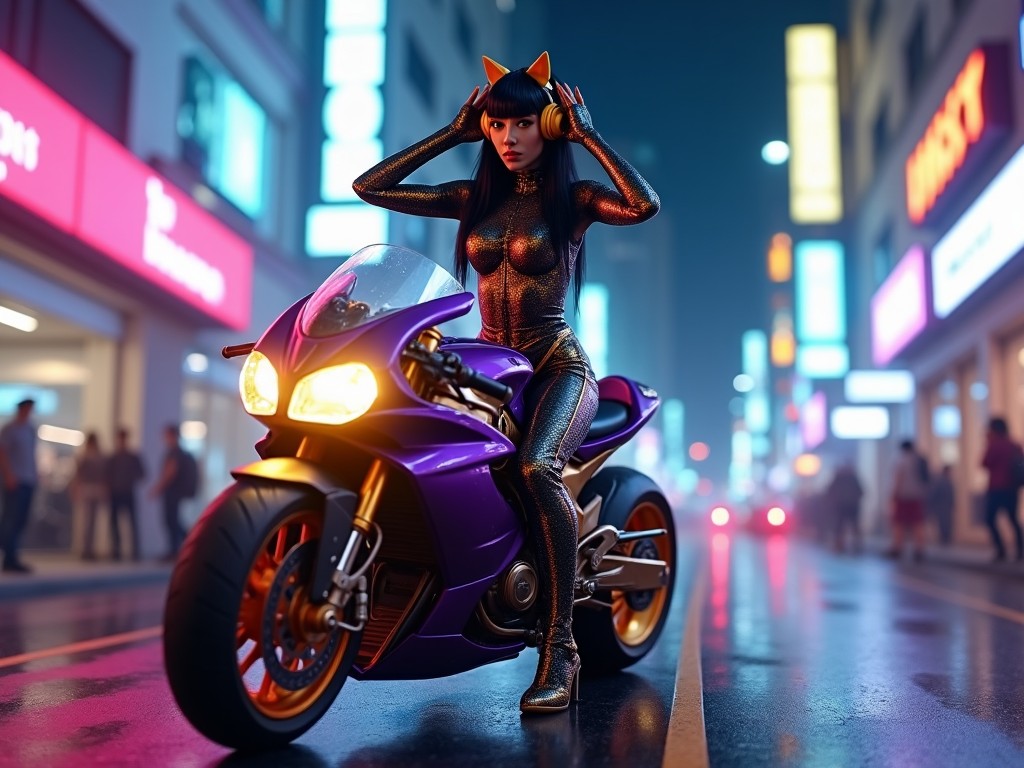 a woman in a futuristic outfit sitting on a purple motorcycle in a neon-lit city street, cyberpunk aesthetic