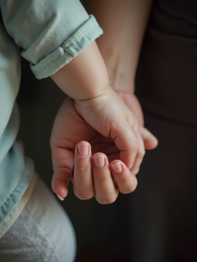 A child's hand gently holding an adult's finger.