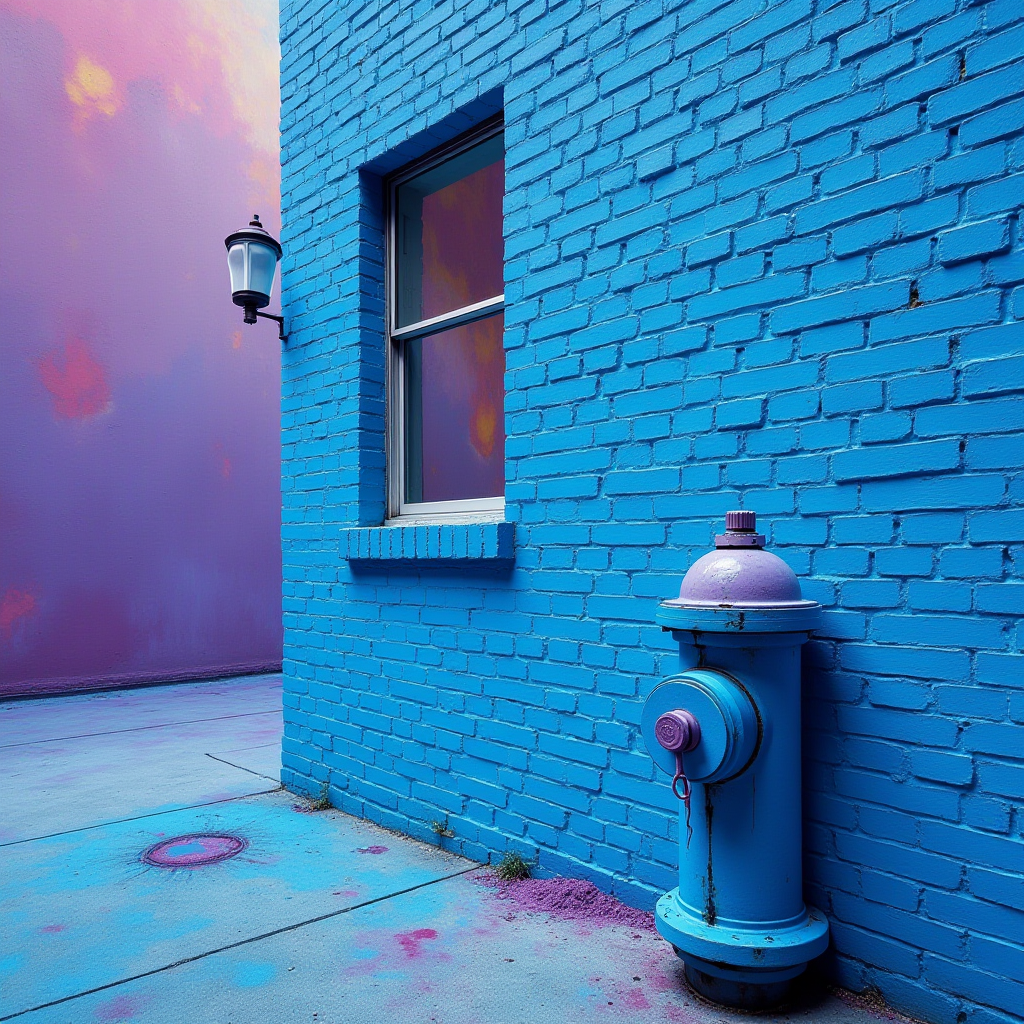 A vividly painted street corner features blue and purple hues on brick walls and a fire hydrant.