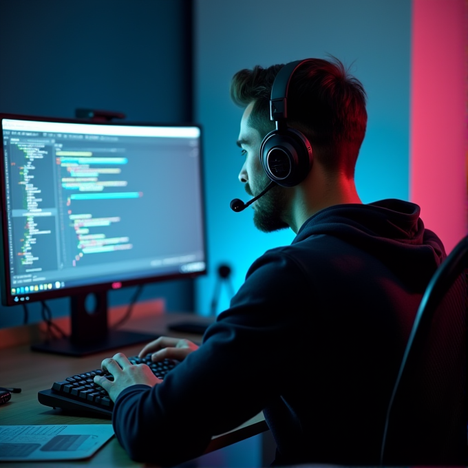 A focused individual wearing headphones sits at a computer, illuminated by blue and red lighting, typing code on a screen.