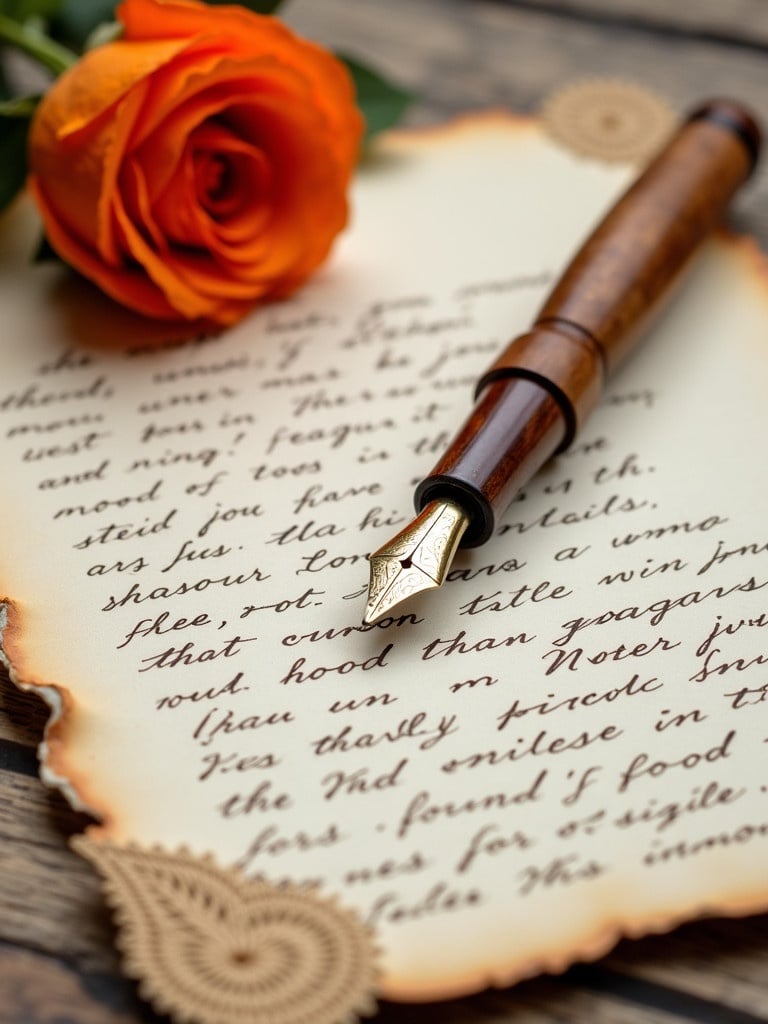 Wooden fountain pen on a handwritten letter with burnt edges. A vibrant orange rose complements the scene. Lace embellishments add elegance.