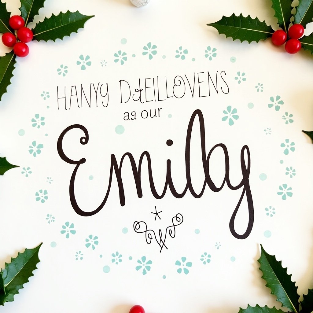 The image features a festive Christmas blessing dedicated to Emily, centered on a white background. The name 'Emily' is handwritten in a stylish, bold font, making it stand out. Surrounding the name are decorative elements like holly leaves and red berries, enhancing the holiday theme. Light blue flowers and dots add a whimsical touch to the overall design. This composition conveys warmth and joy, making it perfect for seasonal celebrations.