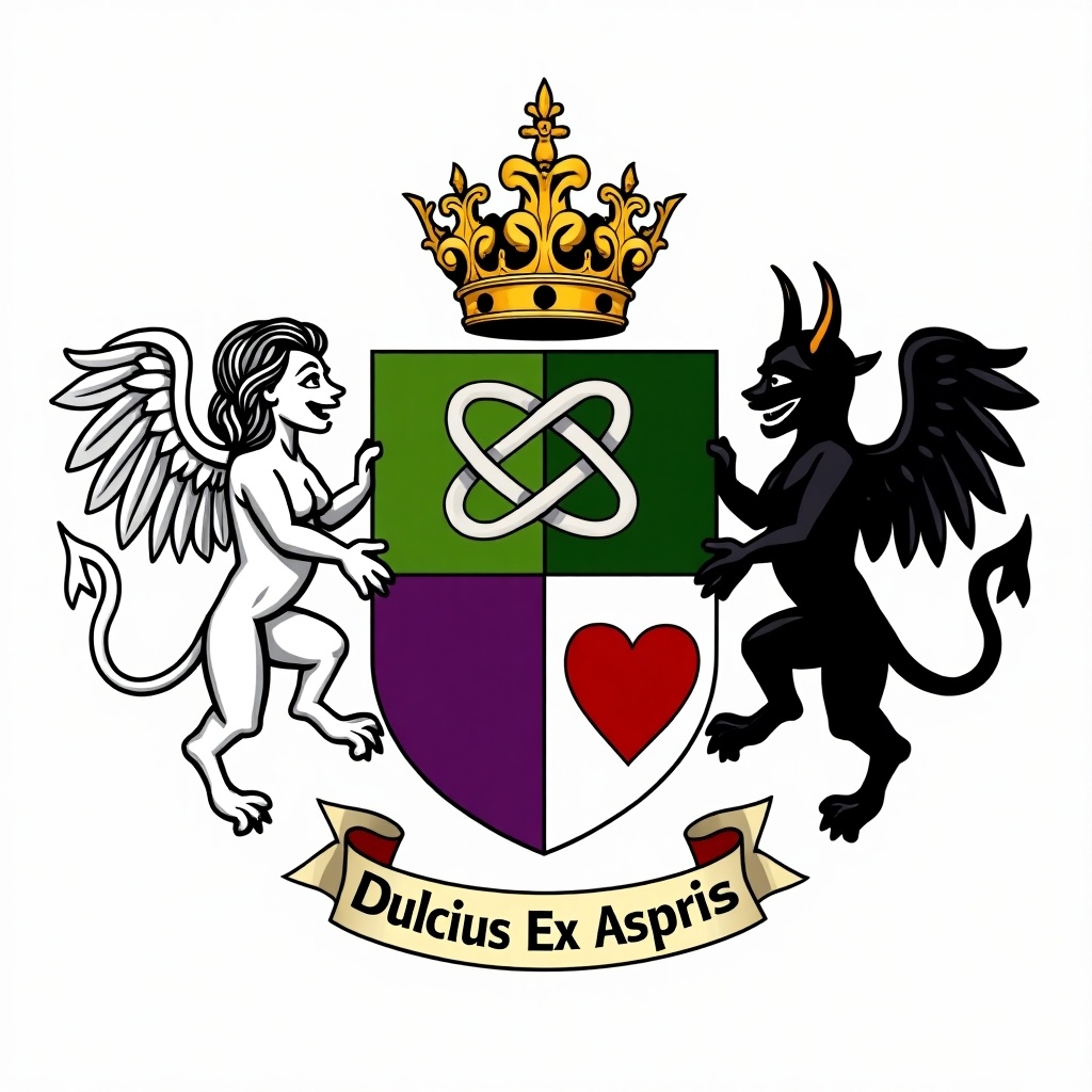 This image is a coat of arms featuring an intricate heraldic design. The shield is divided into quarters, with green and purple sections, and two hearts in the center representing an endless knot. Supporters flanking the shield include a female angel in a vintage cartoon style on the left and a male devil on the right. Atop the shield, a golden coronet is placed as a crest. Below the shield is a 3-part banner displaying the motto, 'Dulcius Ex Asperis.' The overall design blends classic heraldic elements with whimsical cartoon influences.