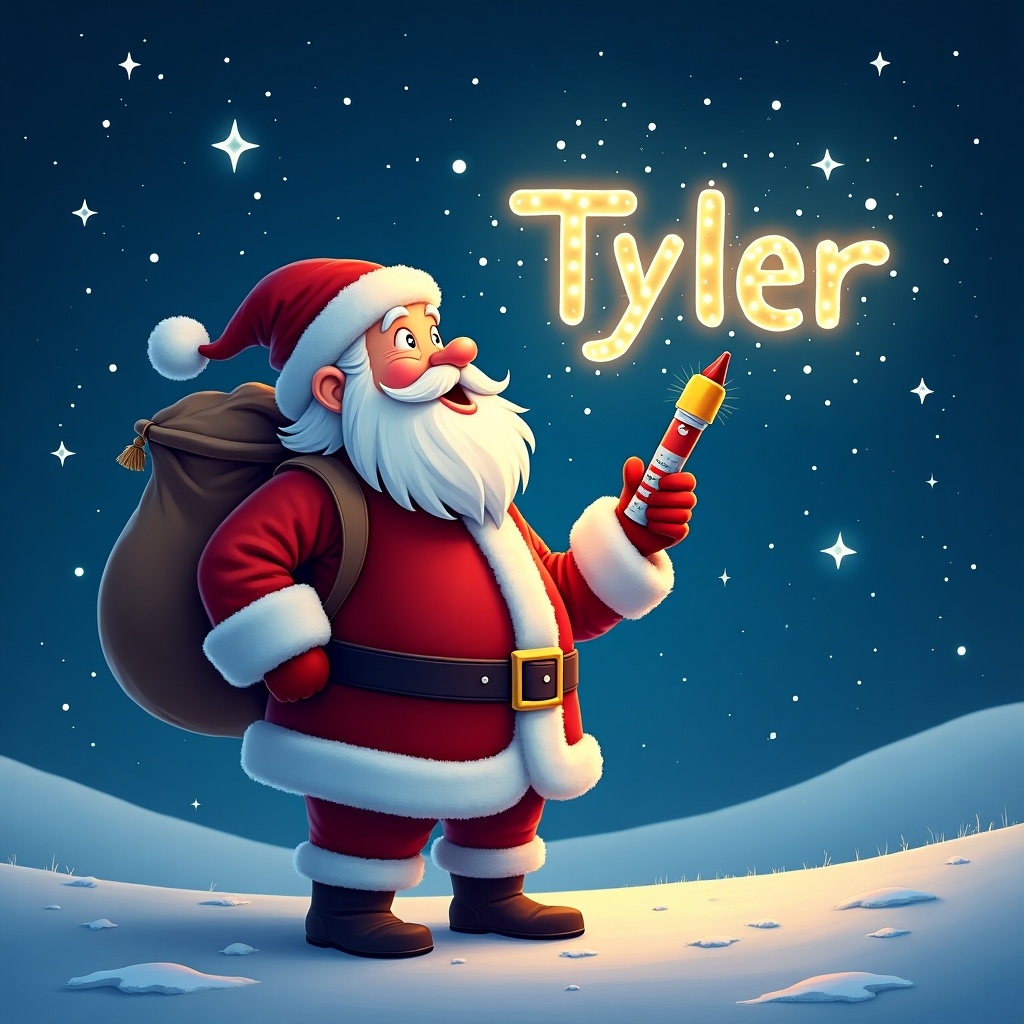 Christmas theme featuring Santa Claus writing the name Tyler in the sky using a colorful glowing pen. Santa is looking up at the name with joy.