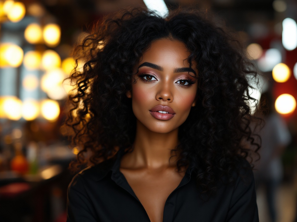 A beautiful young lady with big curly black hair, short french nails and glamorous makeup is preparing on a film set. The background includes busy film studio activities with team members working. Items like hairspray and mirrors are visible. Everything is energetic and cinematic.