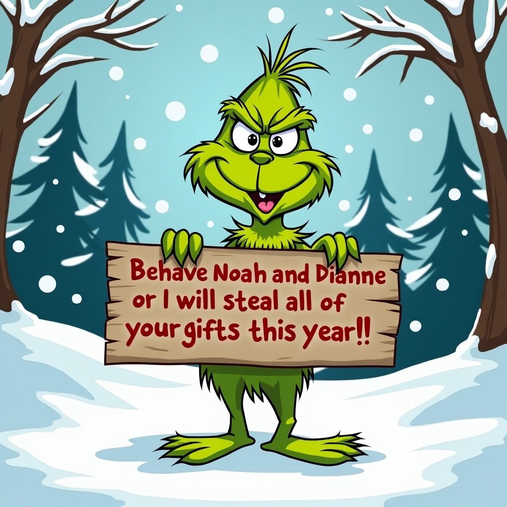 A cartoon Grinch character holds a playful warning sign. The setting is snowy with winter trees. Bright colors create a cheerful holiday theme.