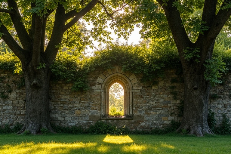 Ruined wall features a small glassless Romanesque arched window. Large box trees stand on either side of the wall. Vines and moss cover the wall creating an overgrown look. Evening sunlight casts golden rays illuminating the wall and tree tops. Sparse ground vegetation is visible with sunlight touching a few spots.