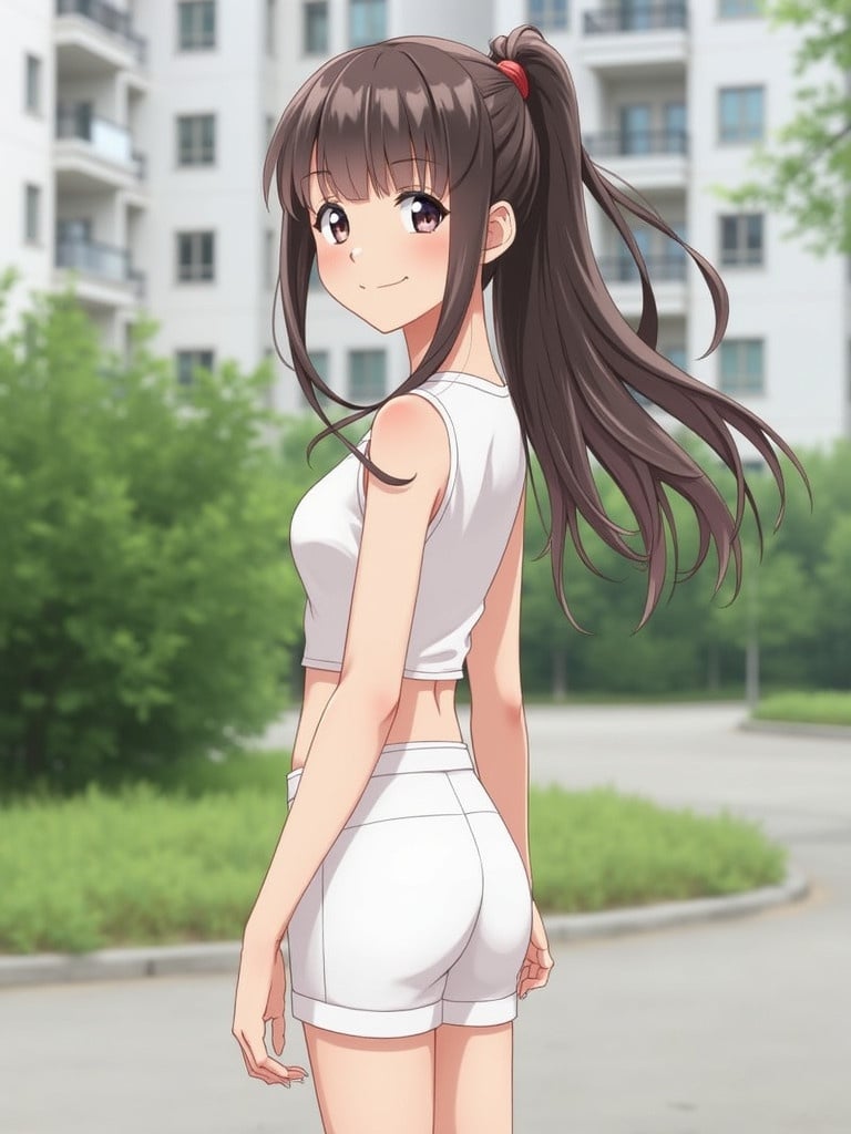 Image features a girl in a white two-piece outfit standing outdoors. She has long hair in a ponytail. The background has buildings with greenery, creating a summery feel.