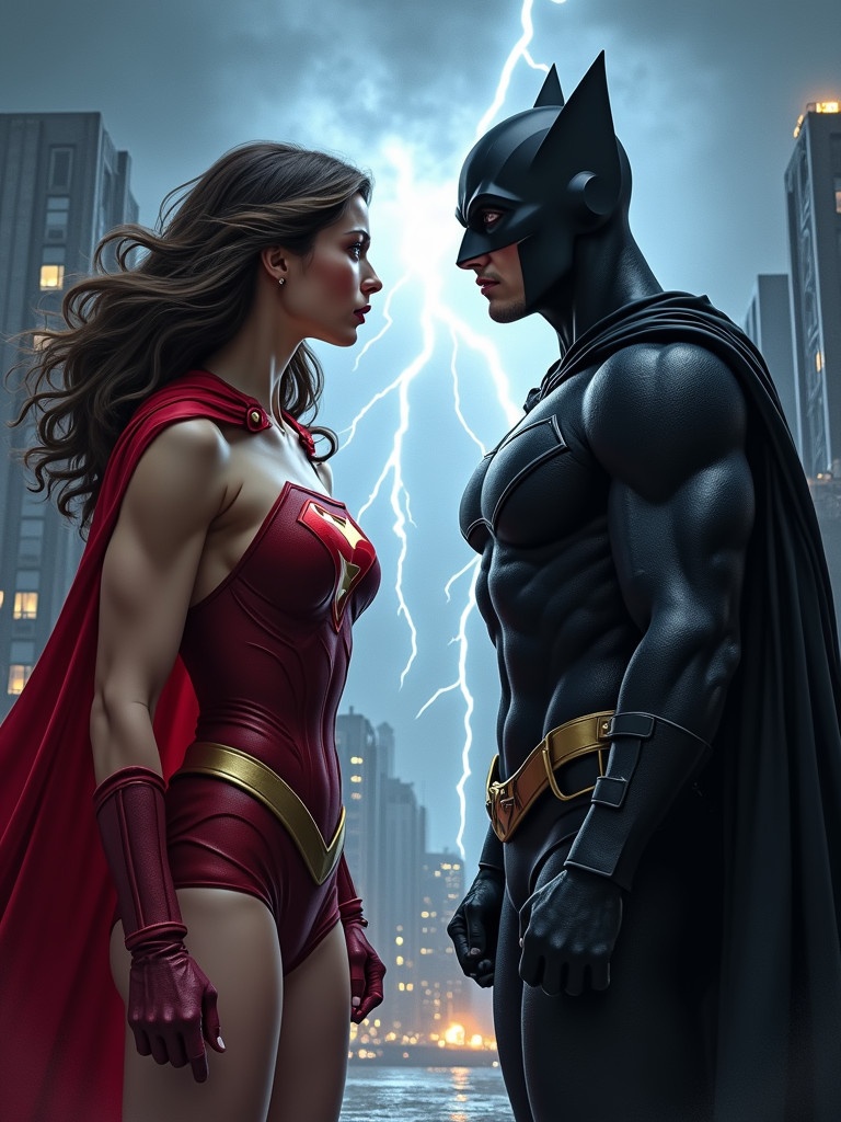 Two superheroes stand facing each other in an urban setting. One superhero wears a red costume with a cape. The other is in a black bodysuit with a cape. The background shows a dark cityscape. Stormy skies with flashes of lightning enhance the scene. Highly detailed characters showcase muscular builds and distinctive costumes. The atmosphere is charged with intensity.